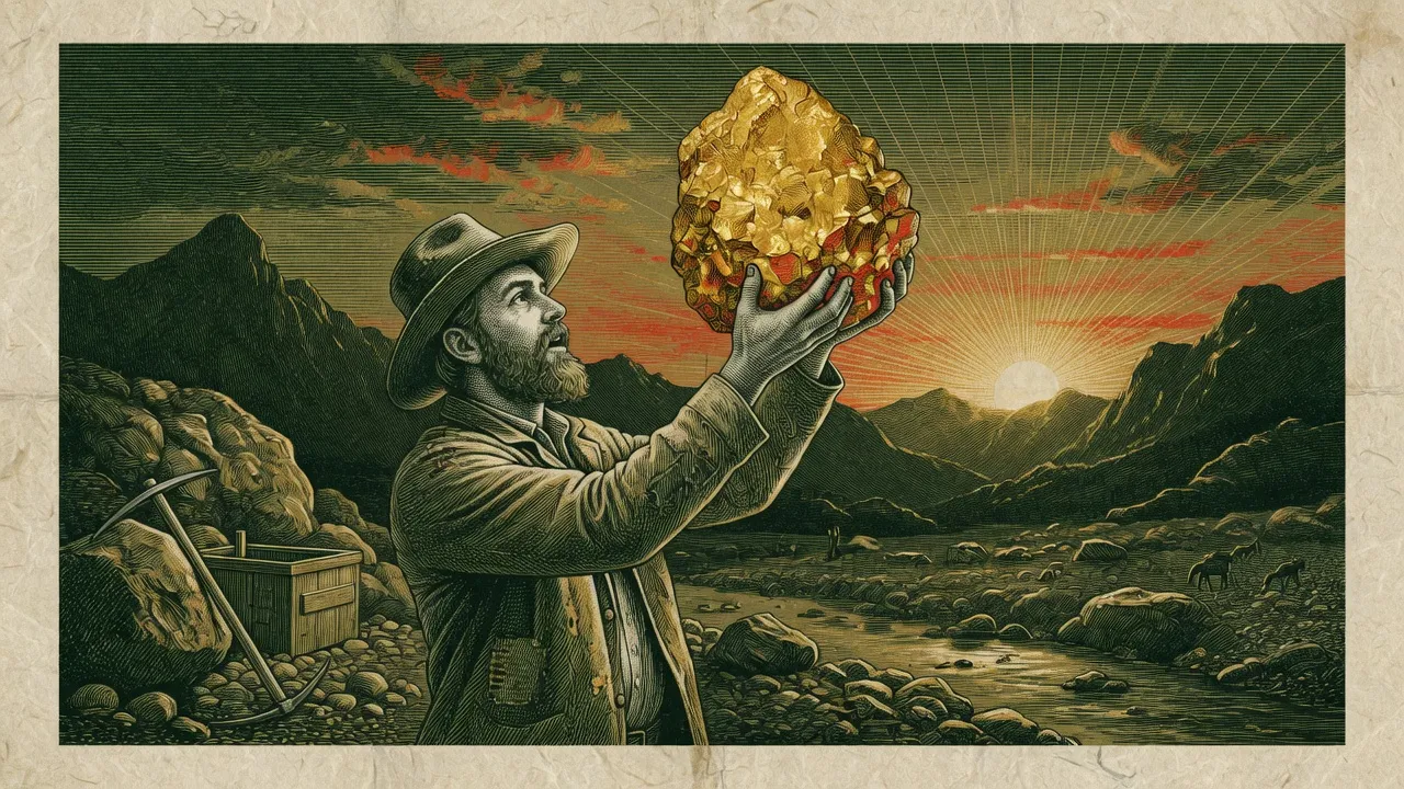 Prospector holding up a gold nugget