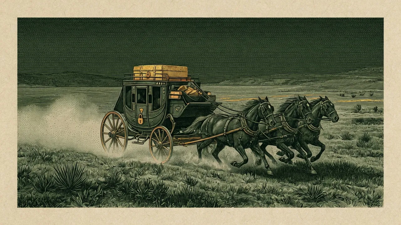 Stagecoach carrying a strongbox of gold
